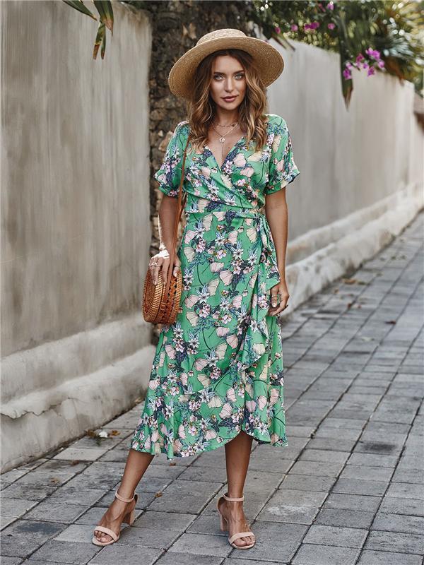 Casual Floral V Neck Short Sleeve Asymmetrical Long Dress