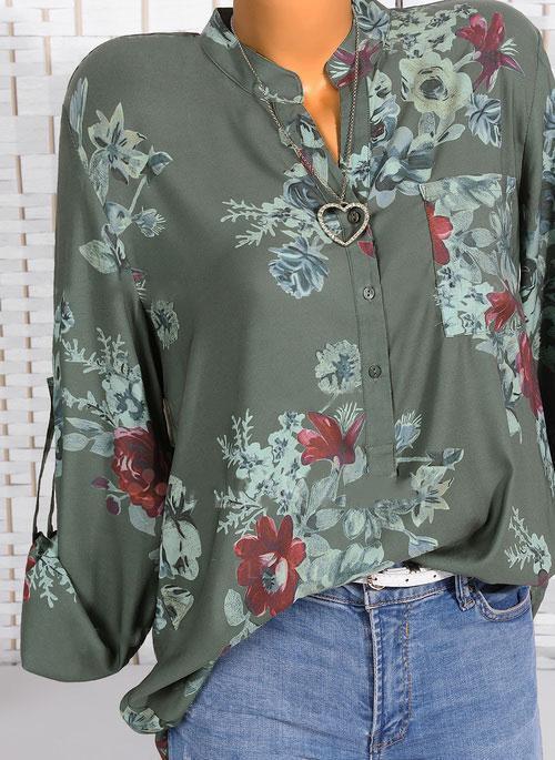 Floral Casual Stand Collar Long Sleeve Blouses TOPS.FL