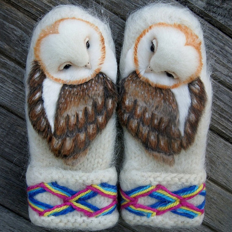 Hand Knitted Nordic Mittens With Owls